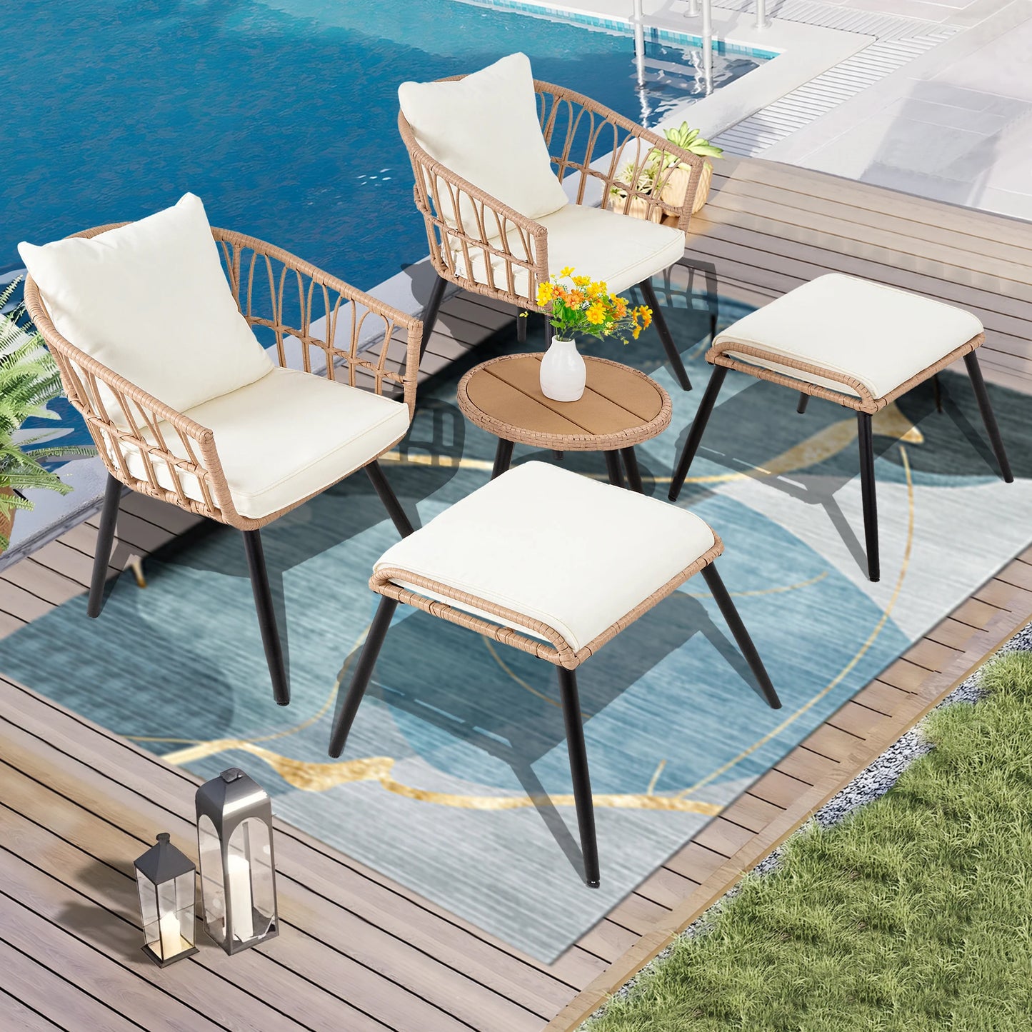SEOGWISAM 5 Piece Patio Bistro Set All-Weather Wicker Rattan Ottoman