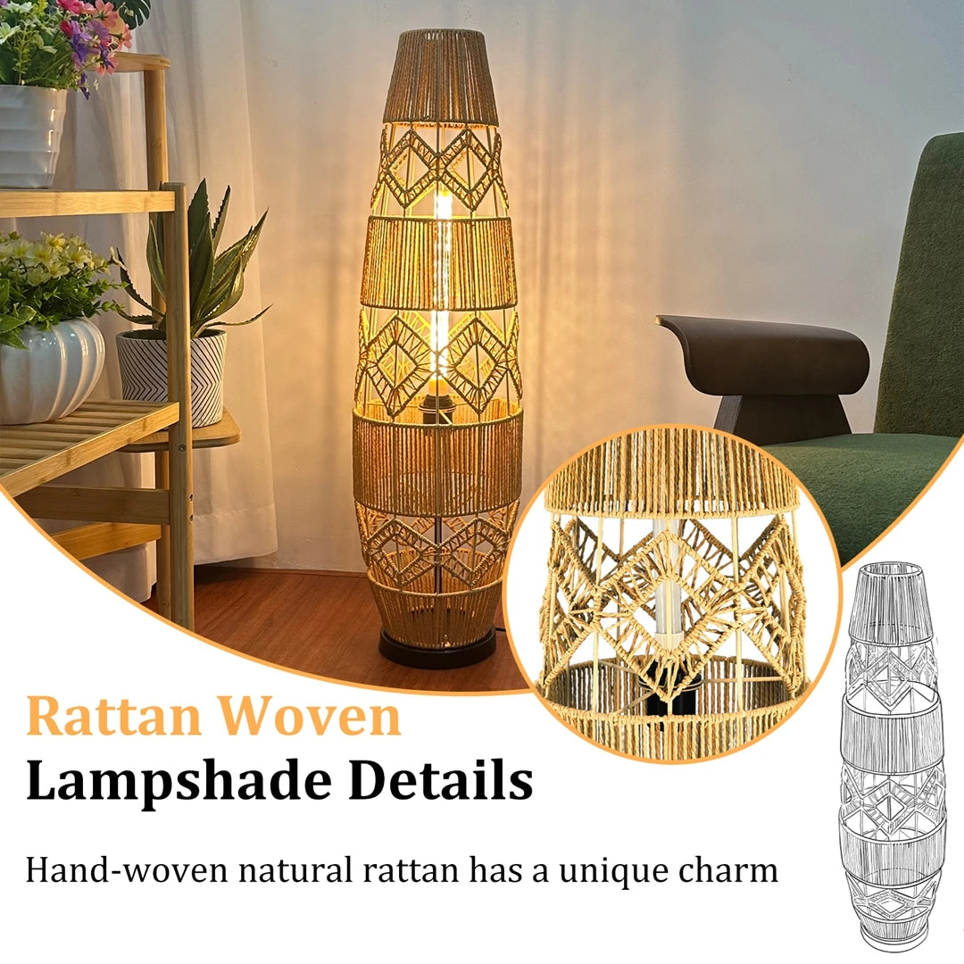 Vrygle Boho Rattan Floor Lamp With LED Light Corner Reading Lamp Living Room