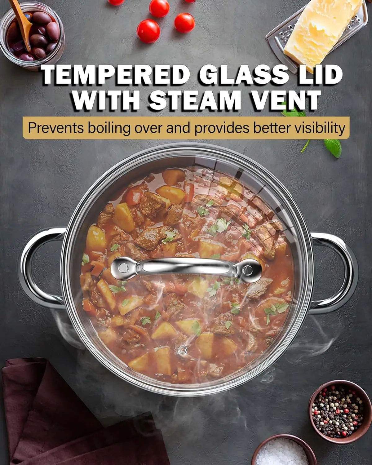 Stainless Steel Stock Pot Set With Glass Lids For Induction