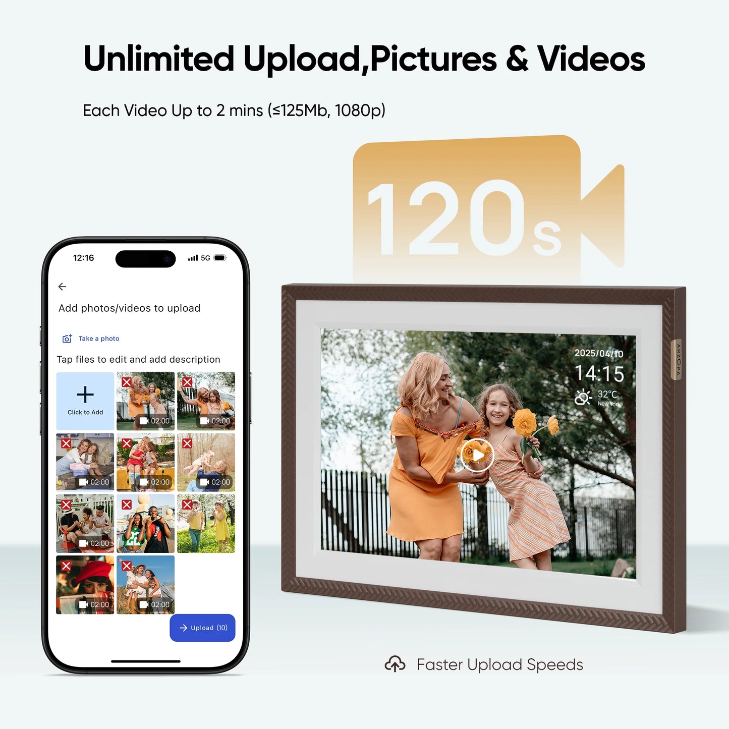 Arzopa WiFi Touch Digital Photo Frame 32GB HD Cloud Smart