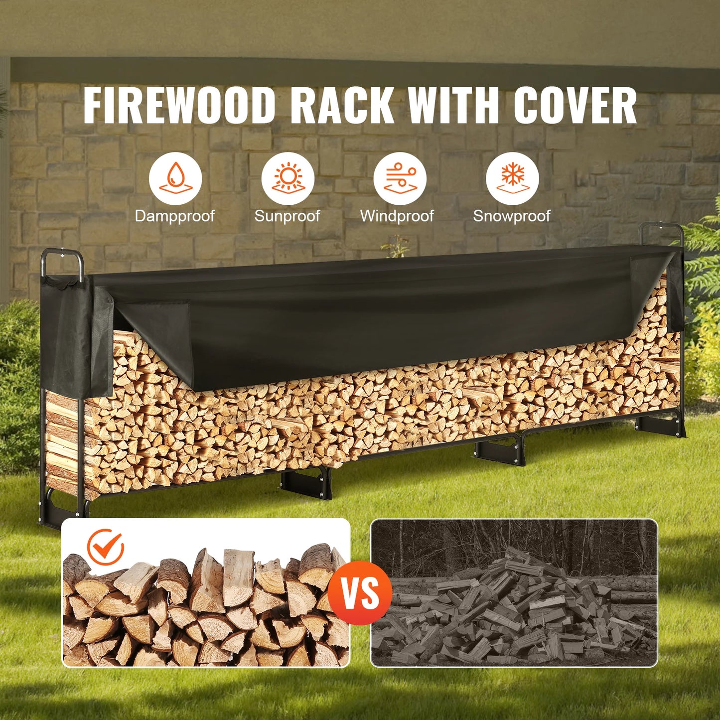 SucceBuy Outdoor Firewood Rack With Waterproof Cover Heavy Duty Holder