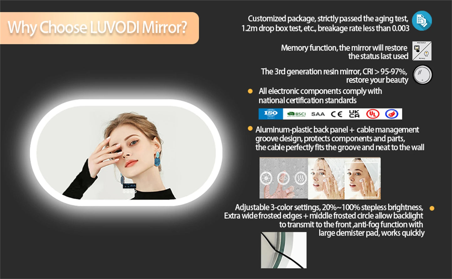 Borwart Oval LED Bathroom Mirror With Bluetooth And Anti Fog