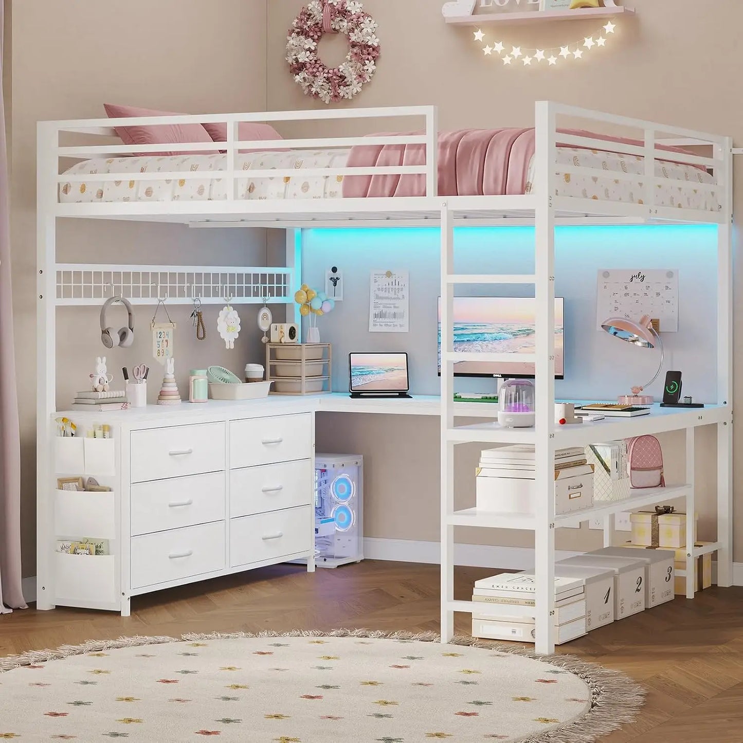 XMSJ Loft Bed With U-Shaped Desk And Storage Shelves