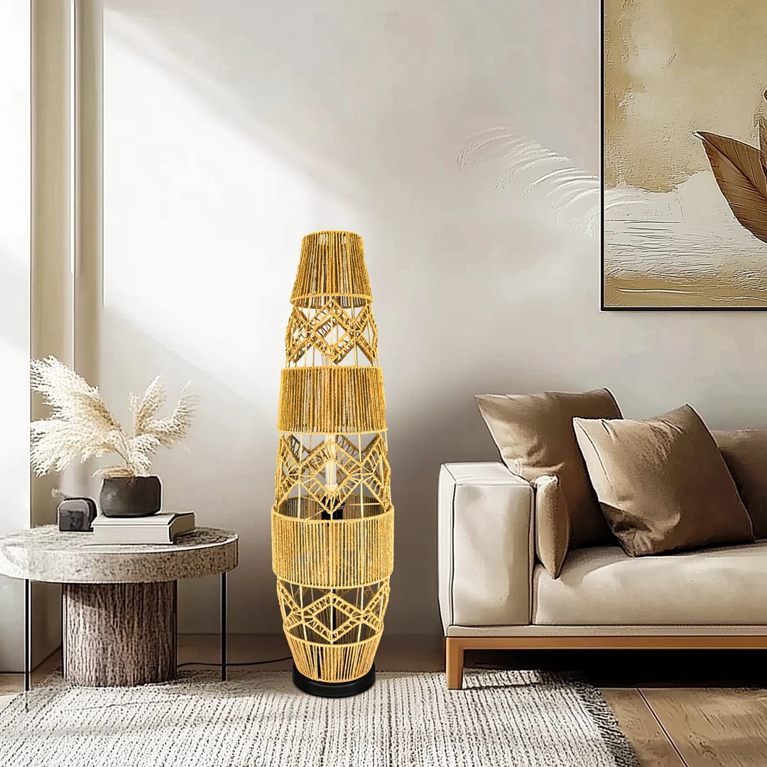 Vrygle Boho Rattan Floor Lamp With LED Light Corner Reading Lamp Living Room