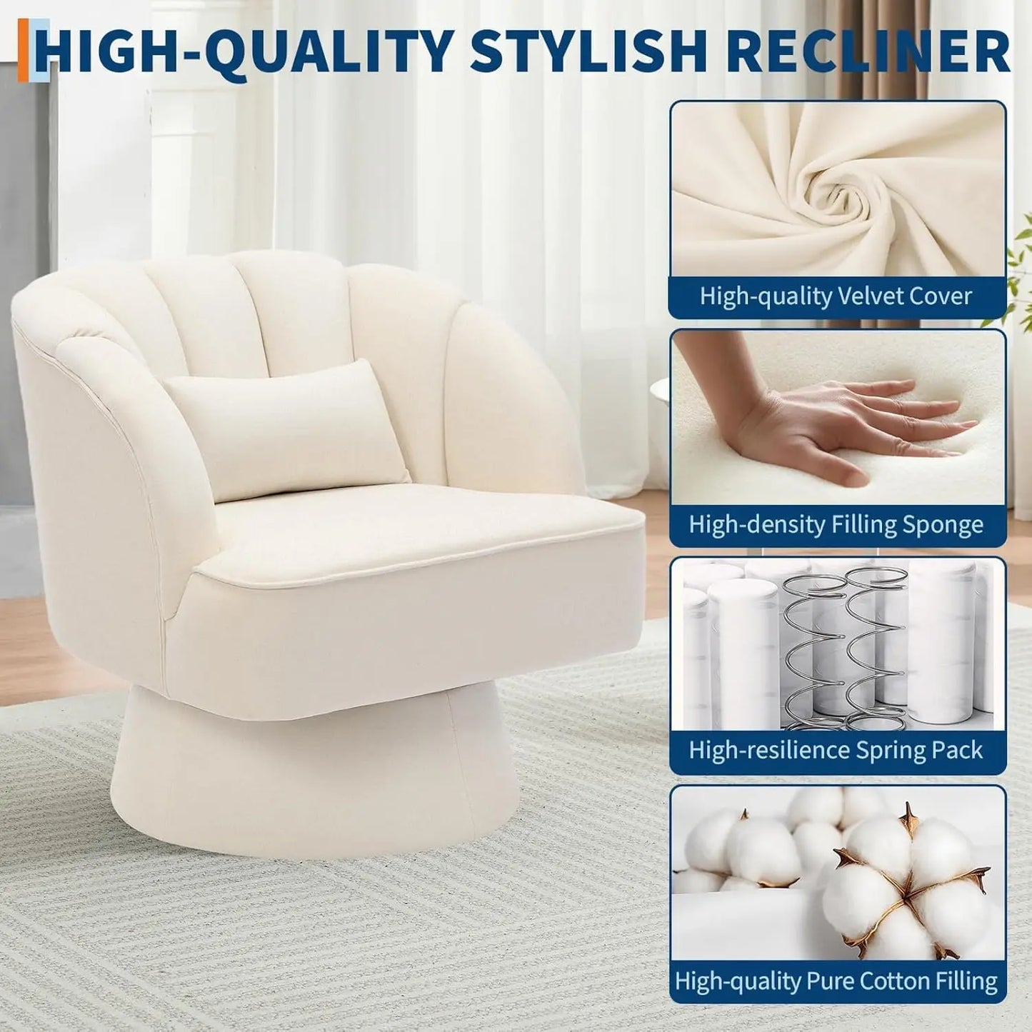 Acekool 360 Degree Swivel Barrel Accent Chair With Plush Velvet