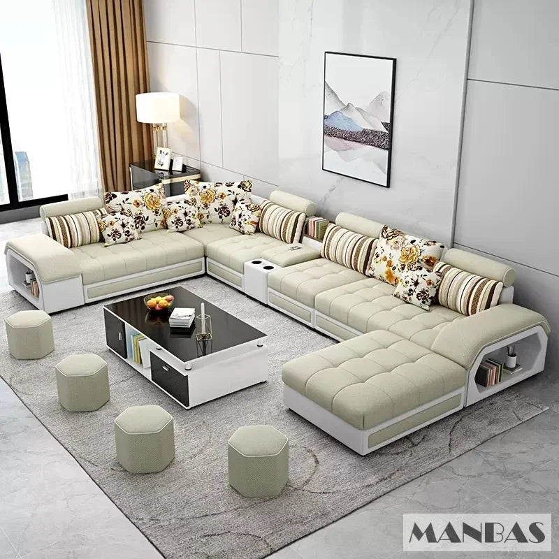 Linlamlim U Shaped Fabric Sofa Set With Usb And Stools