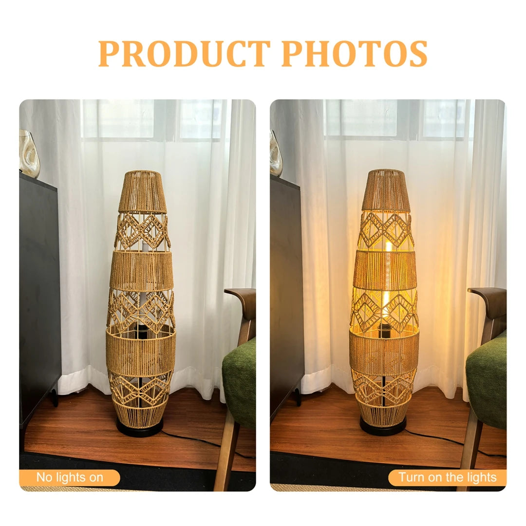 Vrygle Boho Rattan Floor Lamp With LED Light Corner Reading Lamp Living Room