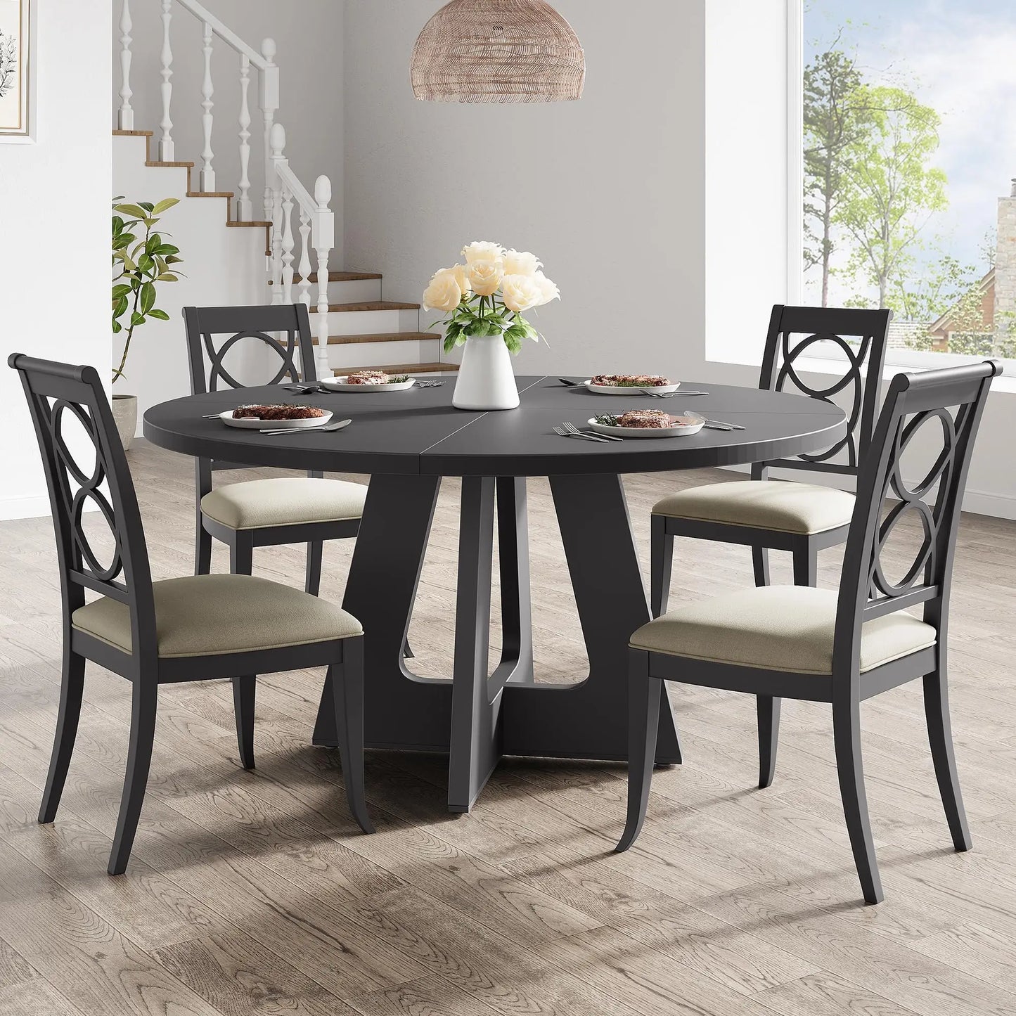 Round Wooden Farmhouse Dining Table For Four To Six People