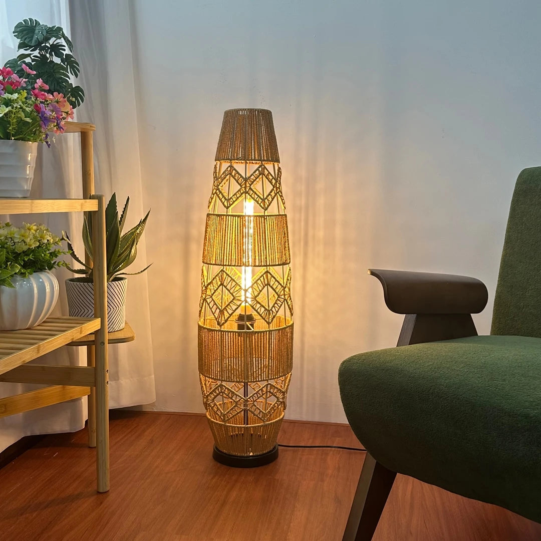 Vrygle Boho Rattan Floor Lamp With LED Light Corner Reading Lamp Living Room