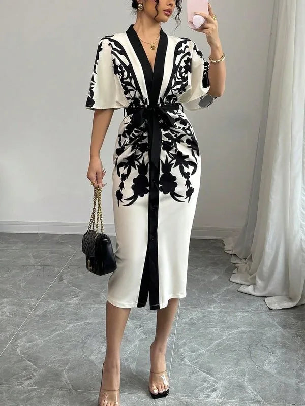 OSHOPLIVECN Flower Print A Line Dress V Neck Midi