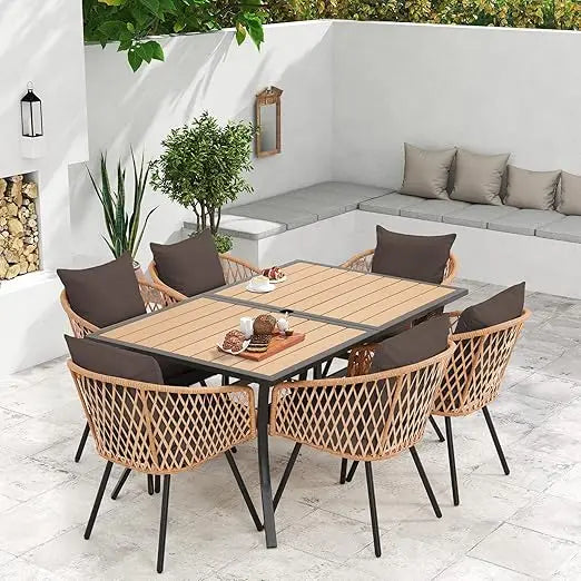 All Weather Rattan Dining Set With Wood Table Umbrella Hole