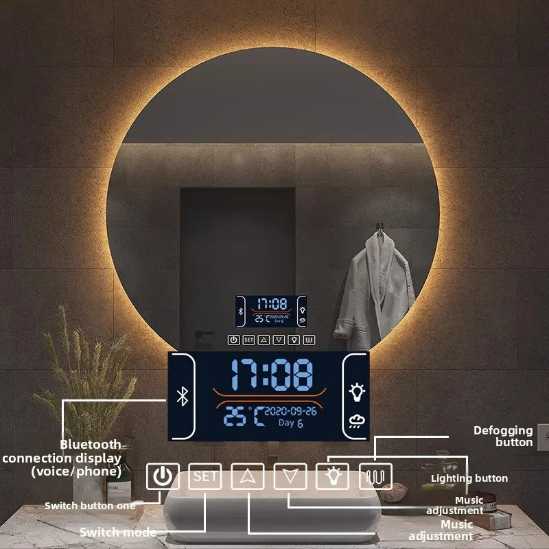 Round Wall-Mounted Smart Bathroom Mirror With LED Anti-Fog Touch Screen