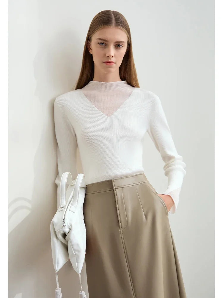 AMIICN Minimalist Winter Turtleneck Sweater With Sheer Panels