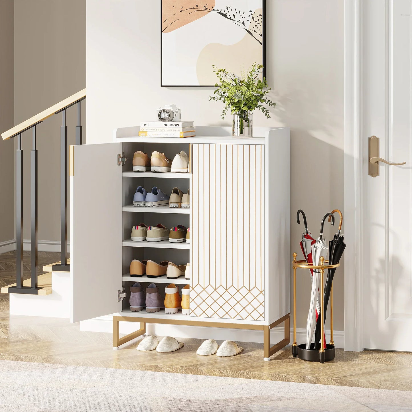 Tribesigns 5 Tier Shoe Cabinet With Doors Wood Storage Organizer