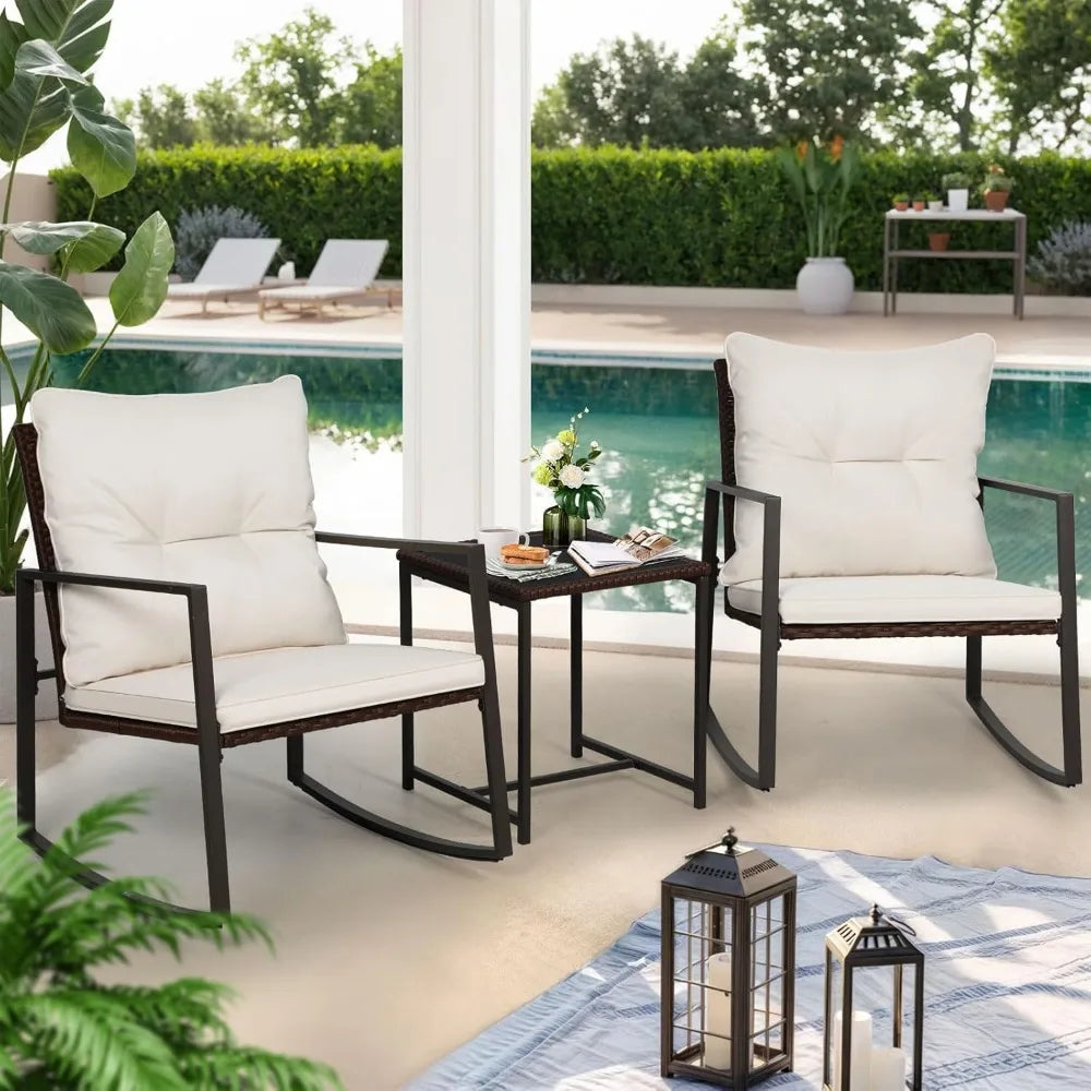 3-Piece Patio Bistro Set With Glass Coffee Table And Wicker Rocking Chairs