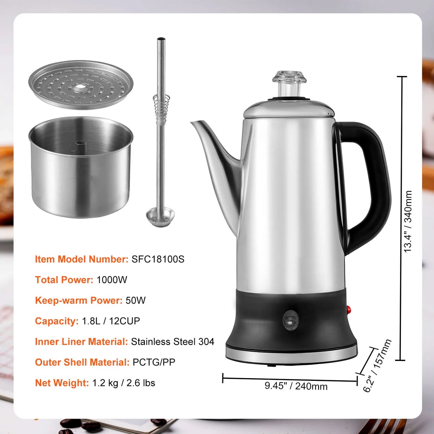 SucceBuy Electric Percolator Coffee Pot Stainless Steel