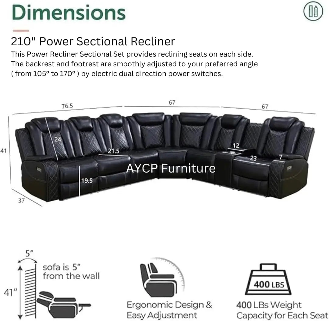 Power Recliner Sofa Sectional With LED Light And Air Leather