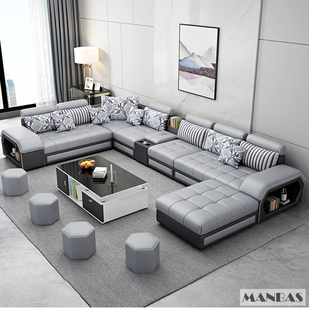 Linlamlim U Shaped Fabric Sofa Set With Usb And Stools