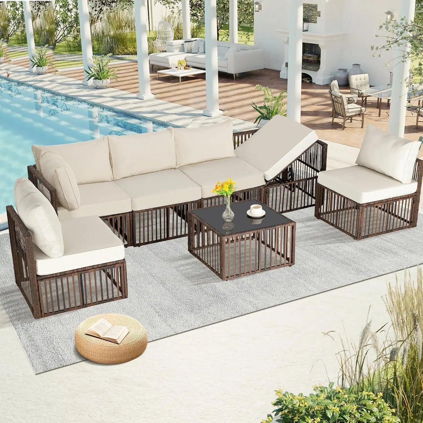 XMSJ 7 Piece Outdoor Patio Furniture Set Wicker Sectional Sofa
