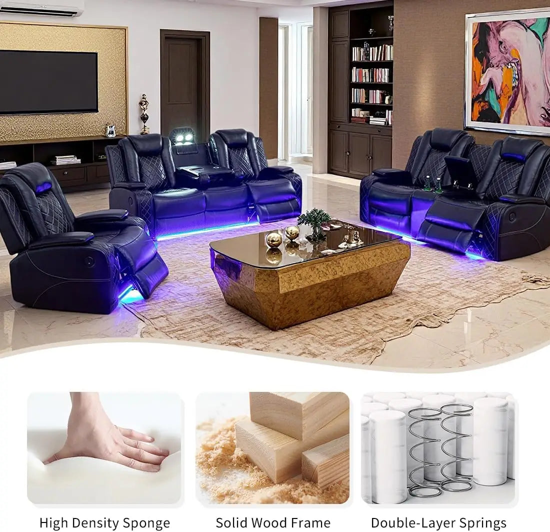 Power Recliner Sofa Set With LED Light And Storage Console