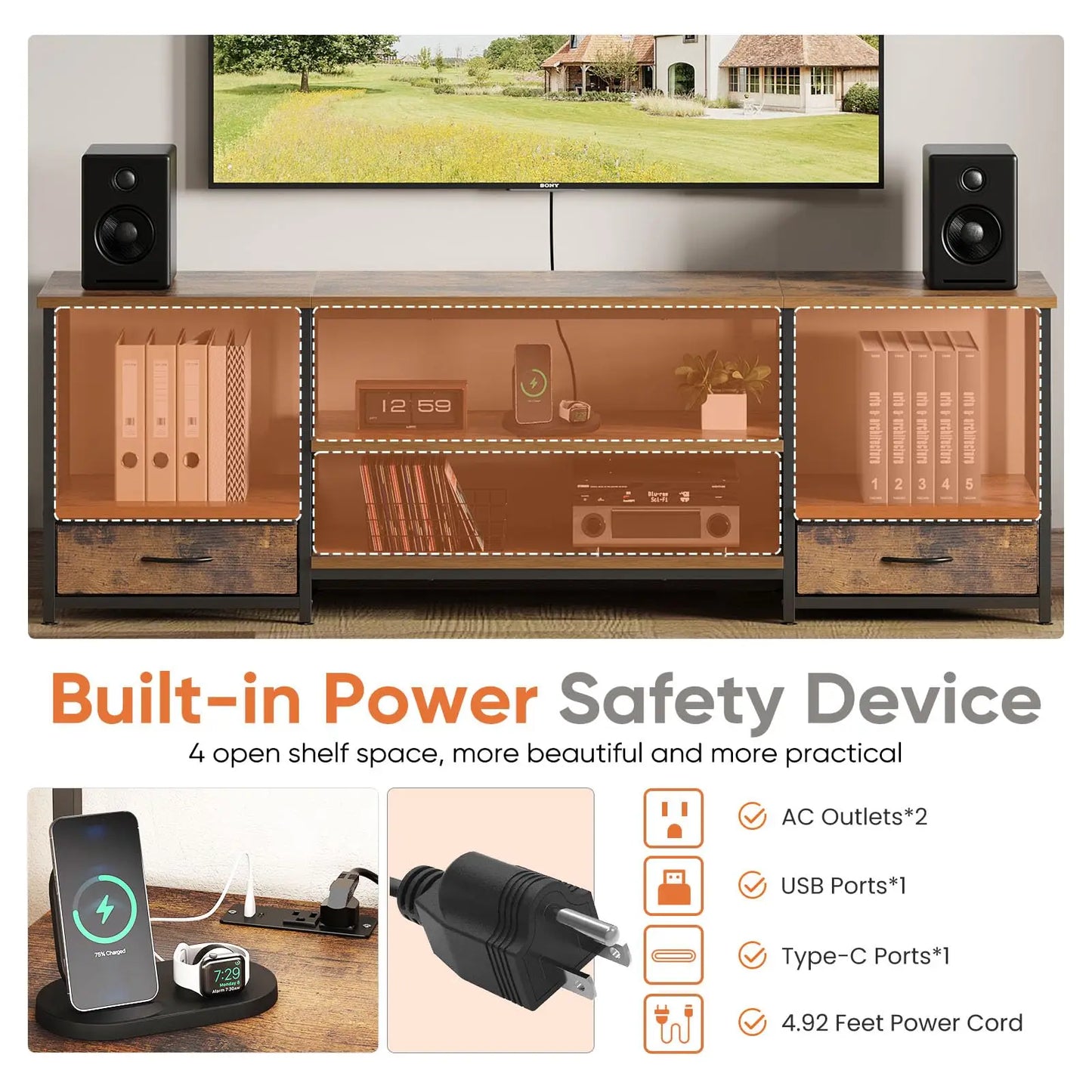 JHK Wooden TV Stand Entertainment Center With Storage