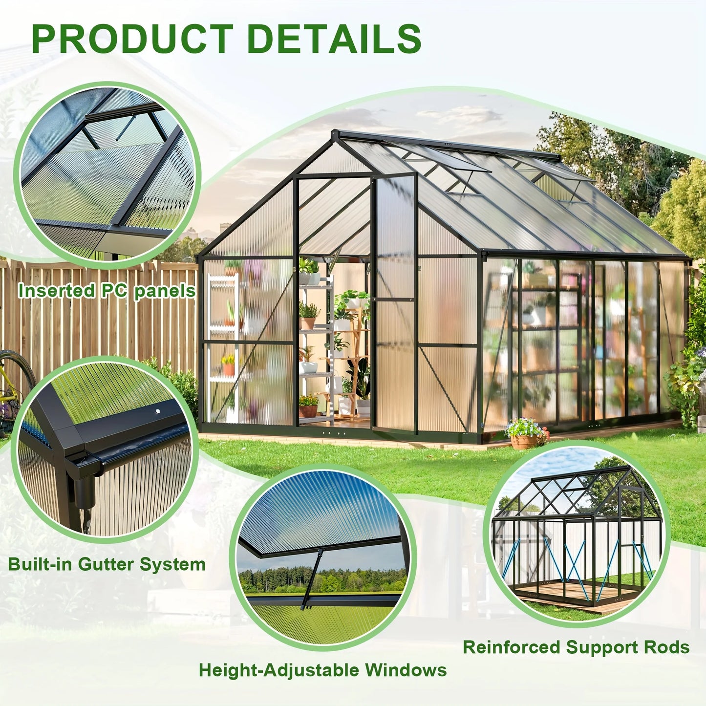 VIWAT Polycarbonate Greenhouse With Aluminum Frame And UV Protection