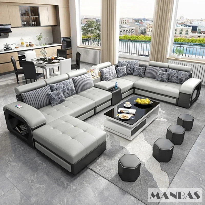 Linlamlim U Shaped Fabric Sofa Set With Usb And Stools