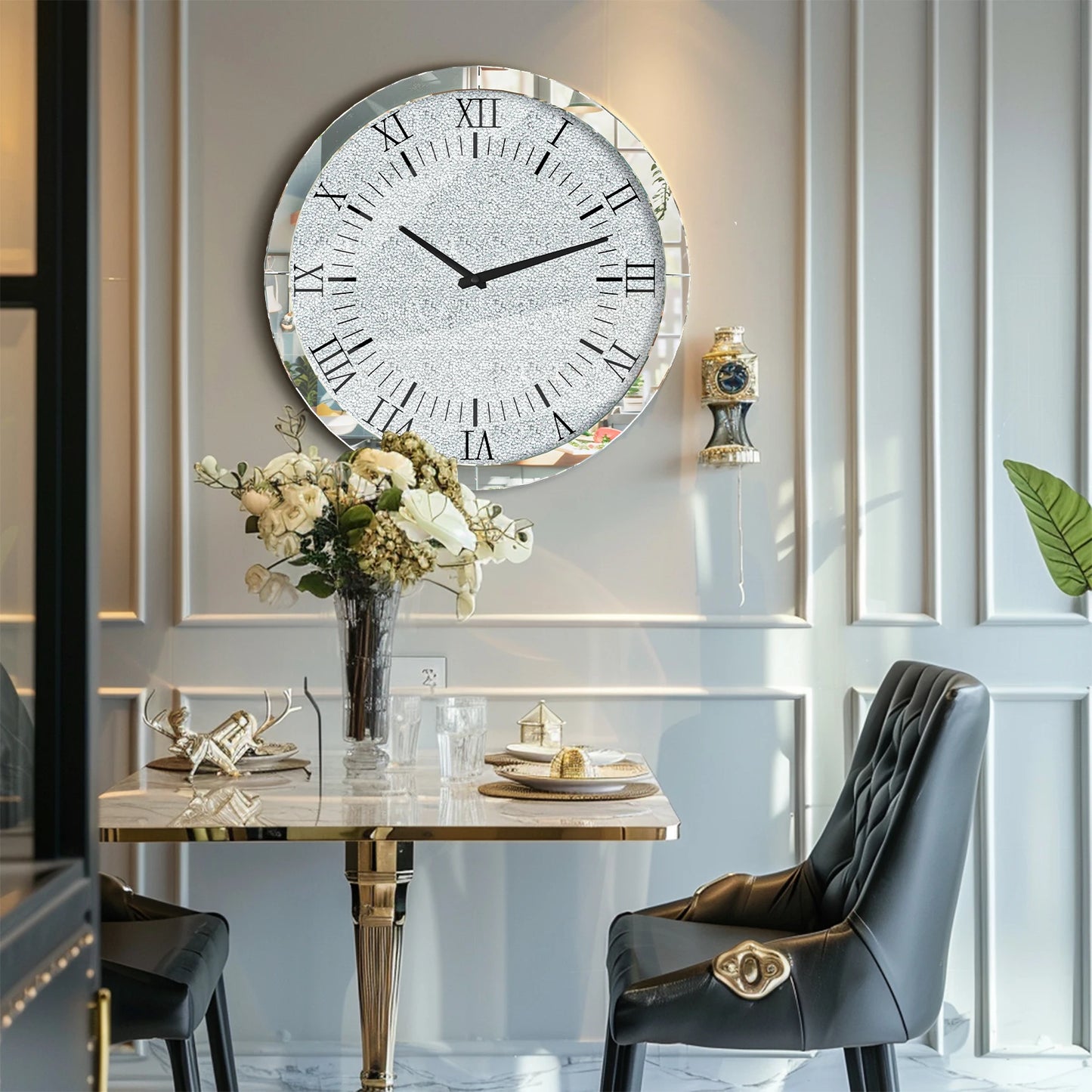 Crystal Crush Diamond Mirrored Round Wall Clock Beveled Glass Edging