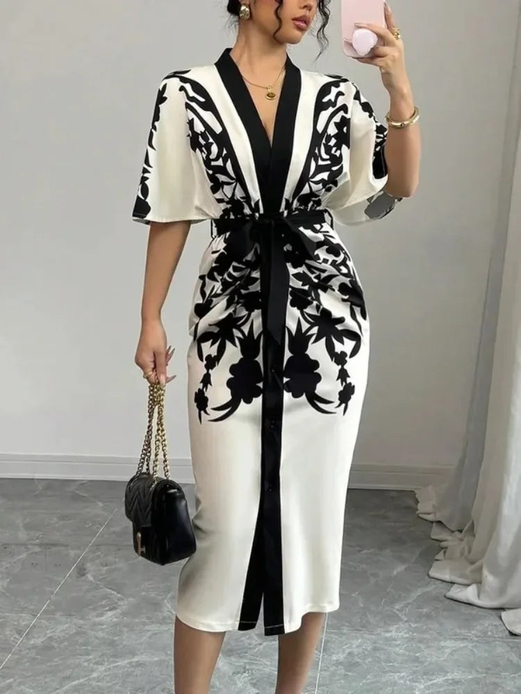 OSHOPLIVECN Flower Print A Line Dress V Neck Midi