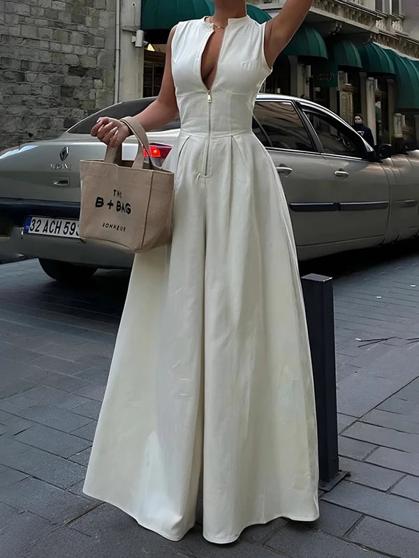 OSHOPLIVECN Office Lady Jumpsuit With Zipper Pockets Casual Fashion
