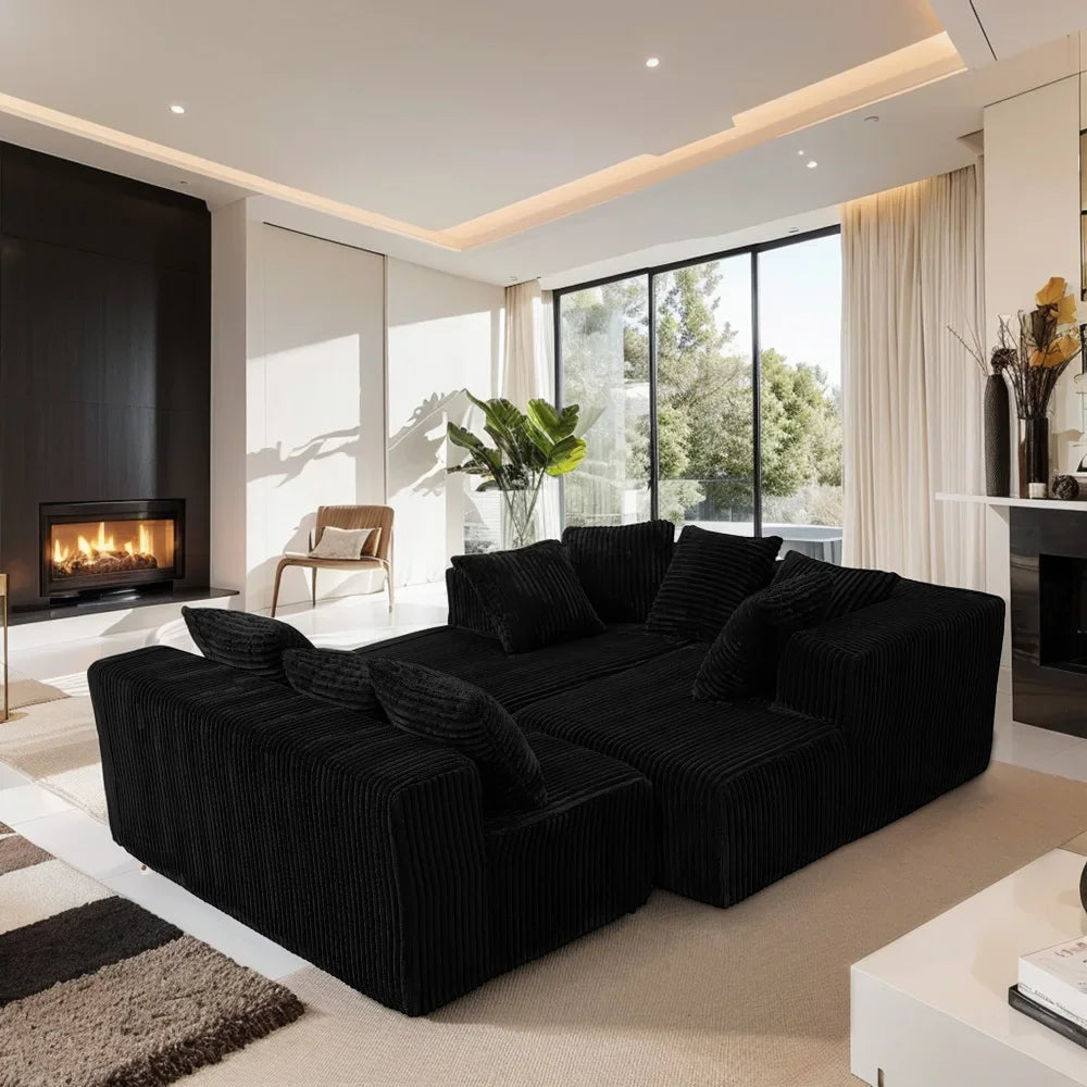 U Shaped Sectional Sofa With Corduroy Fabric Customizable Living Room