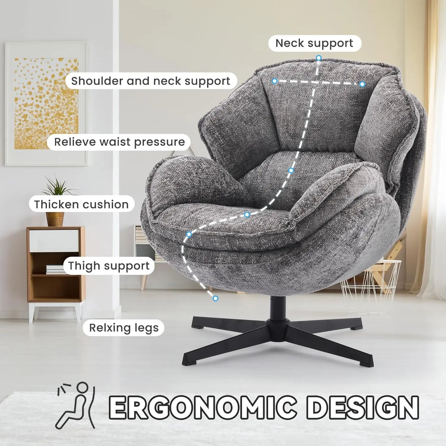 Swivel Accent Chair With Upholstered Armchair And Metal Legs