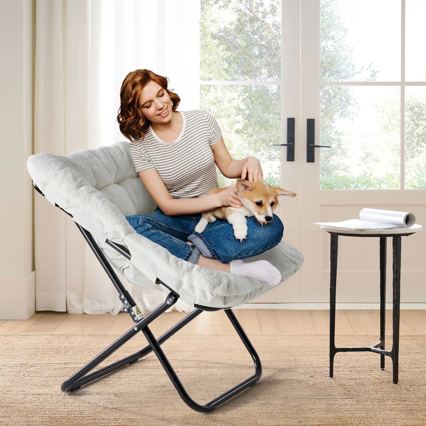 JHK Cozy Faux Fur Saucer Chair Metal Frame Folding Lounge