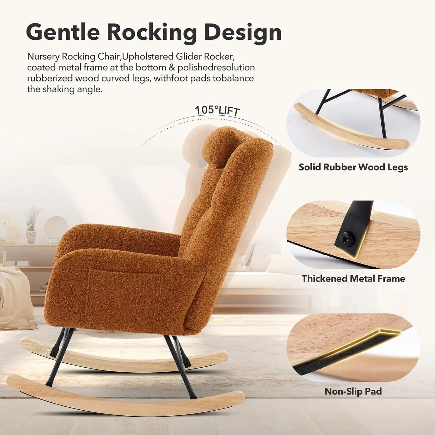 Studyset Modern Upholstered Rocking Chair With Side Pocket
