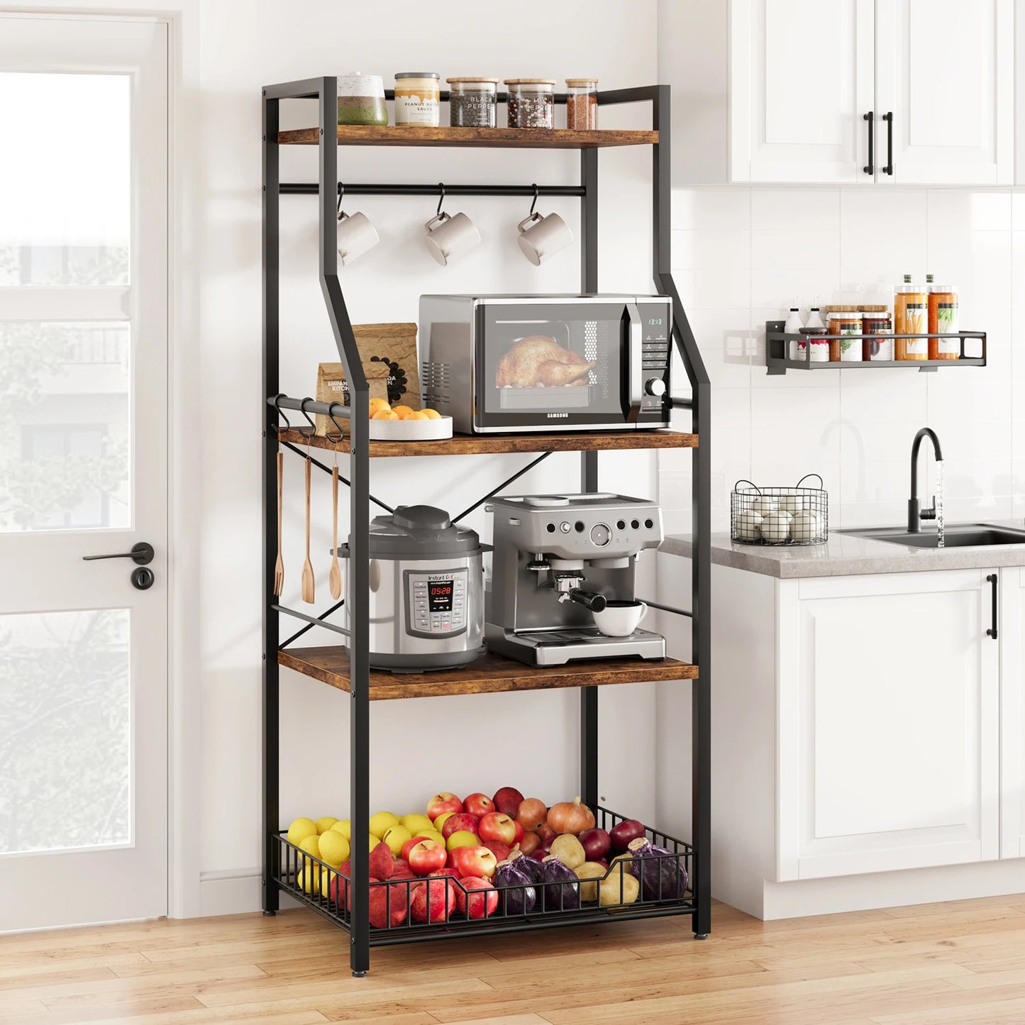 TWISTER.CK 4 Tier Kitchen Baker Rack With Wire Basket Hooks