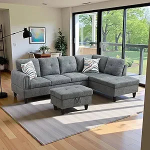 Modern L Shaped Sectional Sofa With Storage Ottoman
