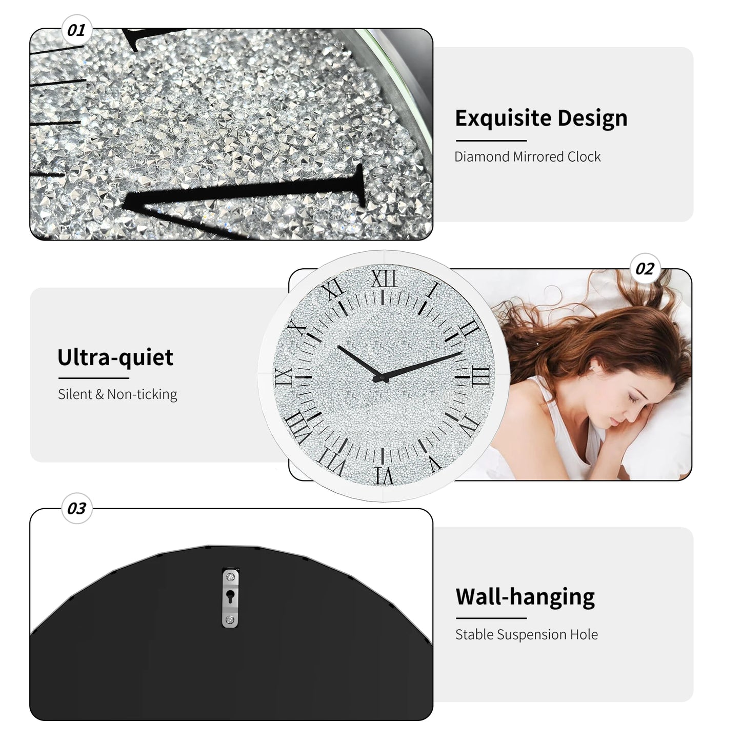 Crystal Crush Diamond Mirrored Round Wall Clock Beveled Glass Edging