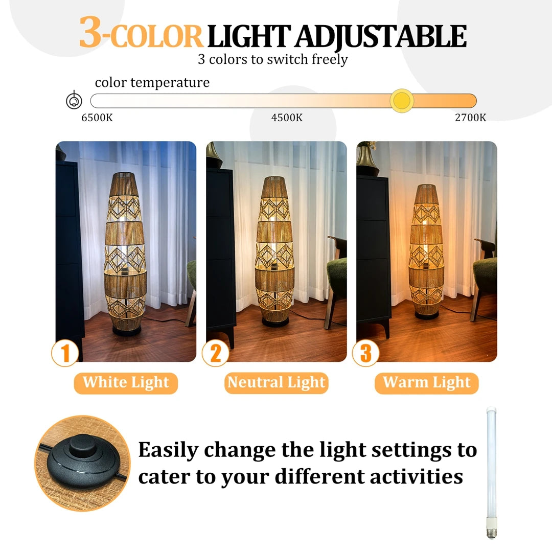 Vrygle Boho Rattan Floor Lamp With LED Light Corner Reading Lamp Living Room
