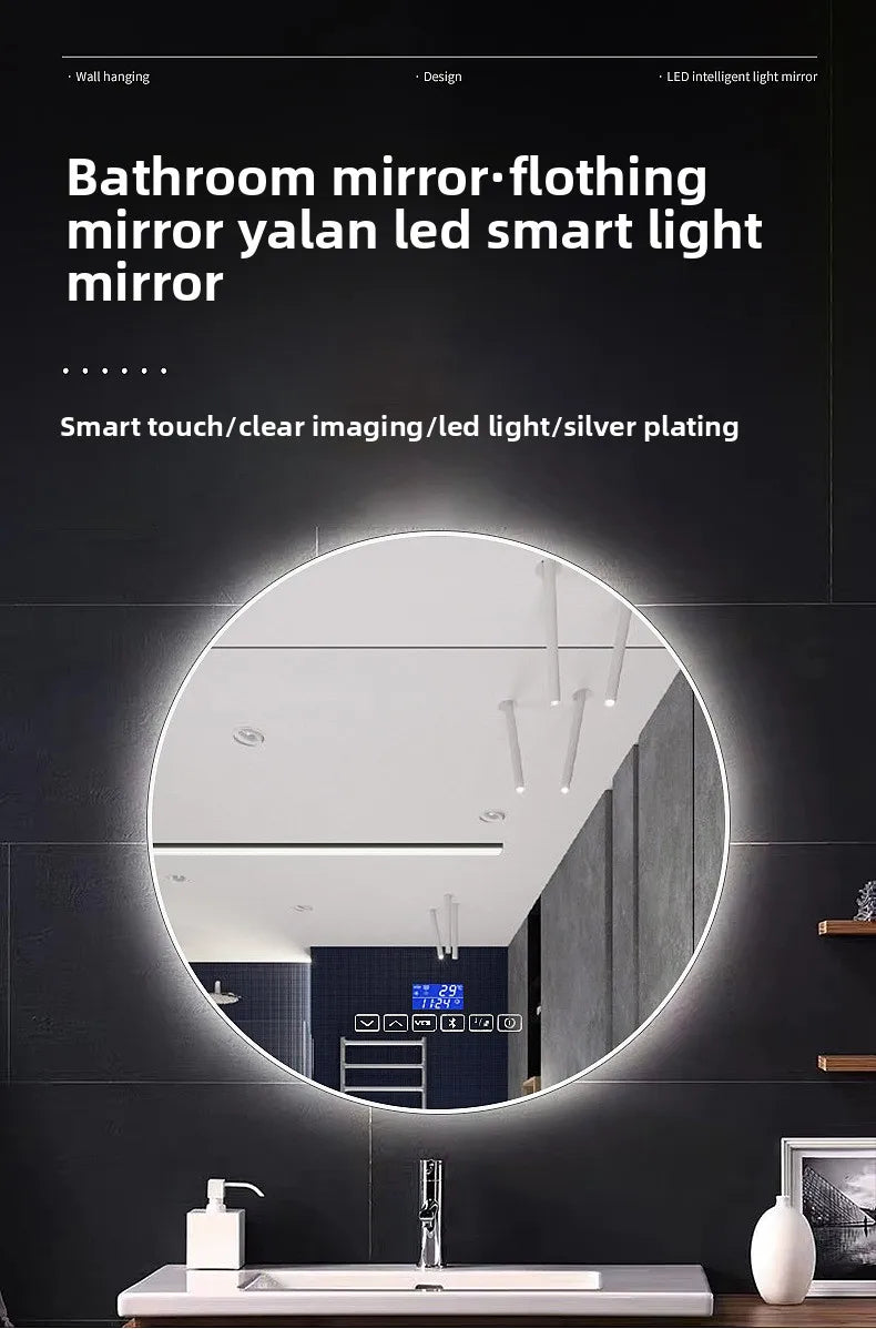 Round Wall-Mounted Smart Bathroom Mirror With LED Anti-Fog Touch Screen
