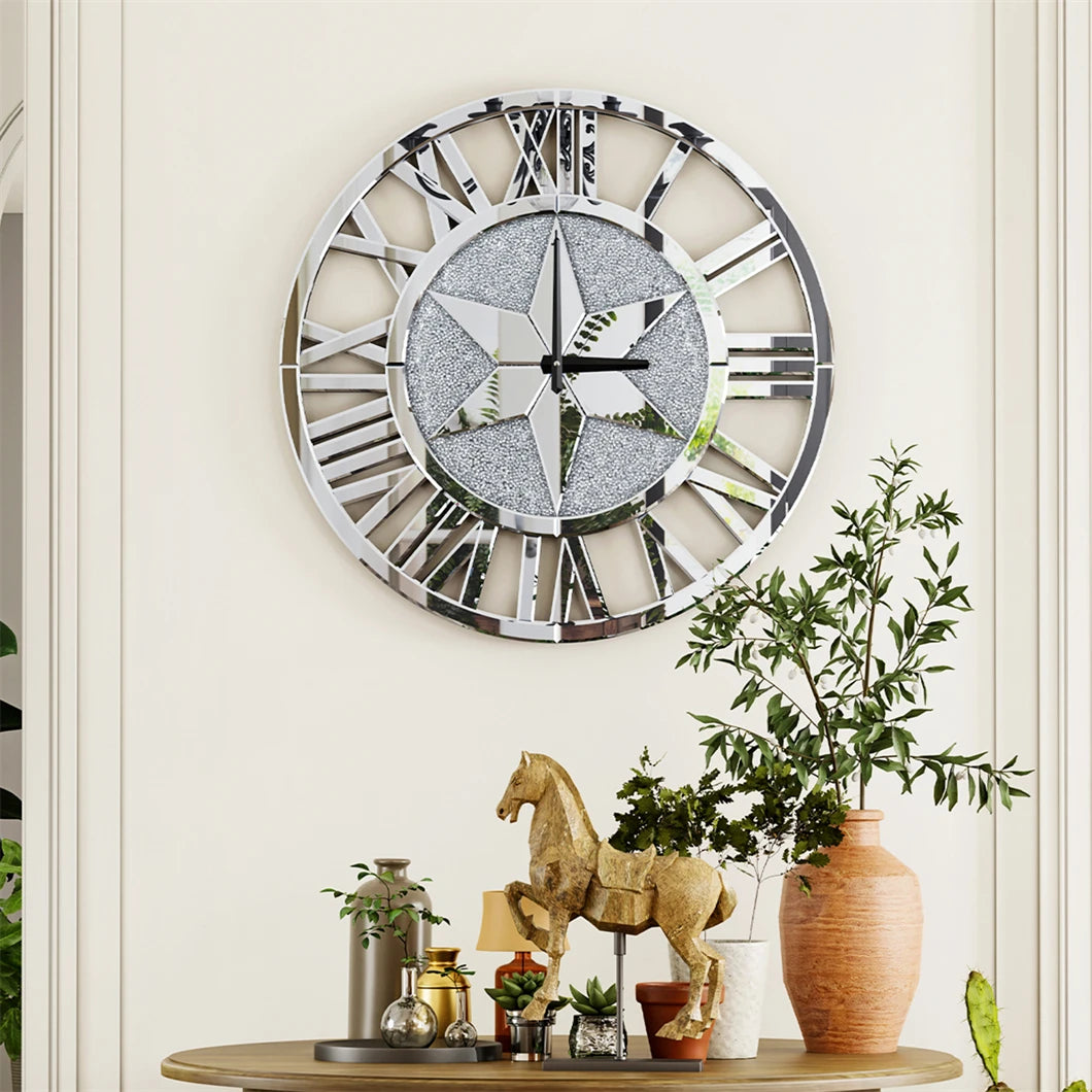 Large Mirrored Round Wall Clock With Beveled Roman Numerals