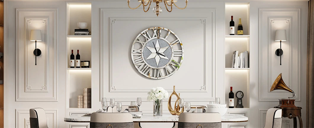 Large Mirrored Round Wall Clock With Beveled Roman Numerals