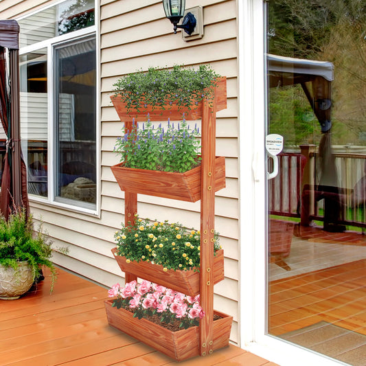Wooden 4-Tier Raised Garden Bed With Vertical Planter Rack