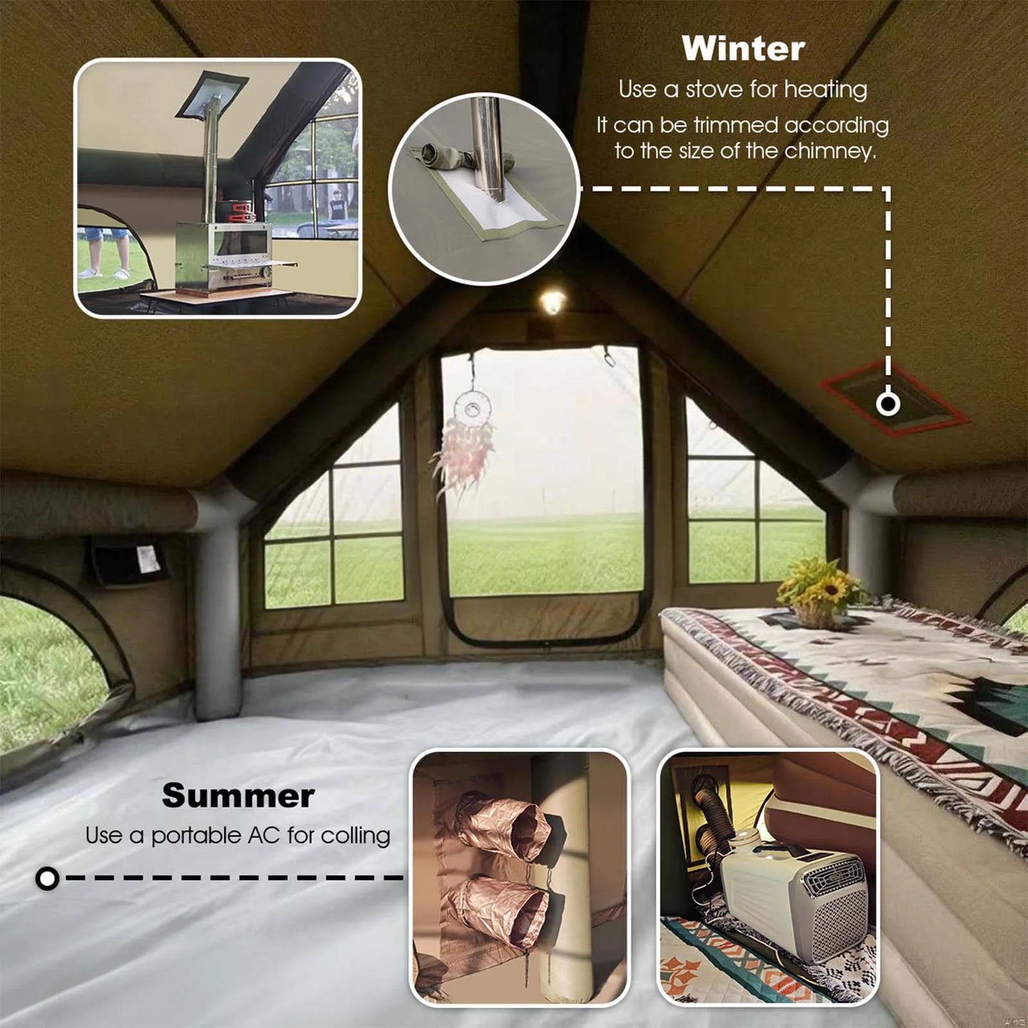 Inflatable Camping Tent With Chimney Opening Waterproof Oxford Fabric