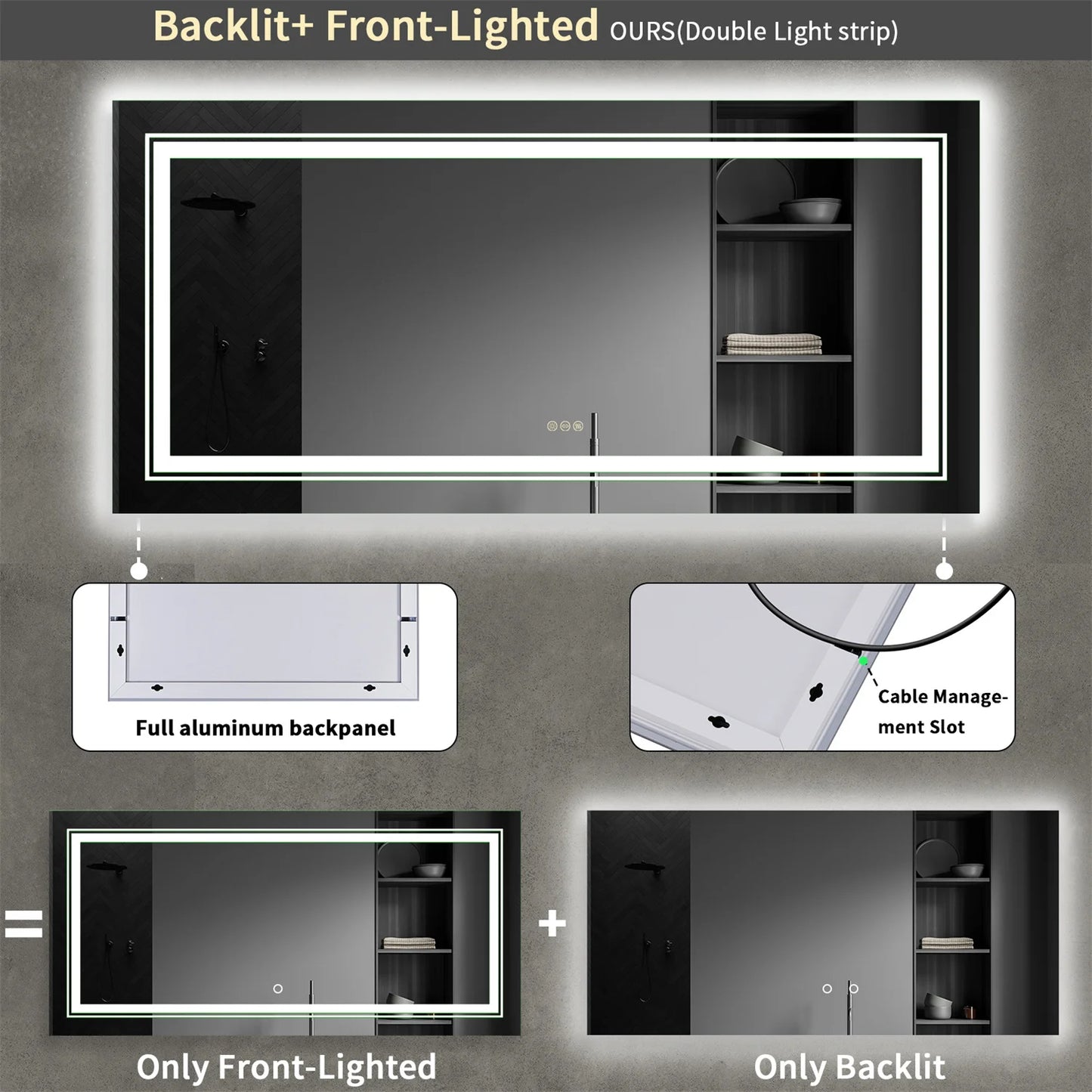 LED Backlit Mirror Dual Lights Anti Fog Dimmable Touch Button