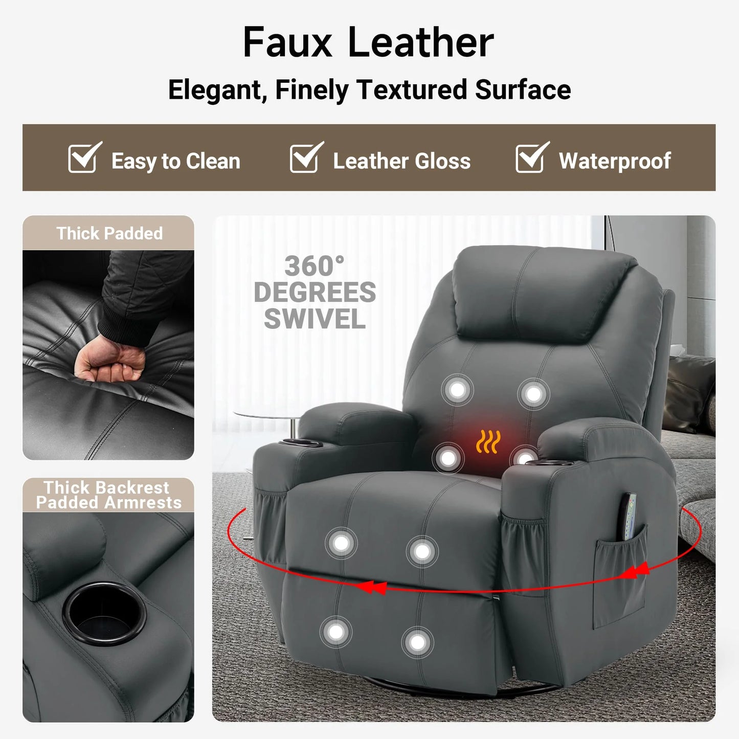 KORSER Recliner Chair With Massage And Heat 360 Swivel