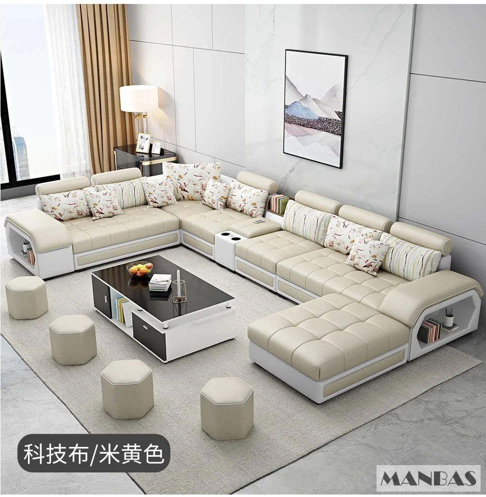 Linlamlim U Shaped Fabric Sofa Set With Usb And Stools