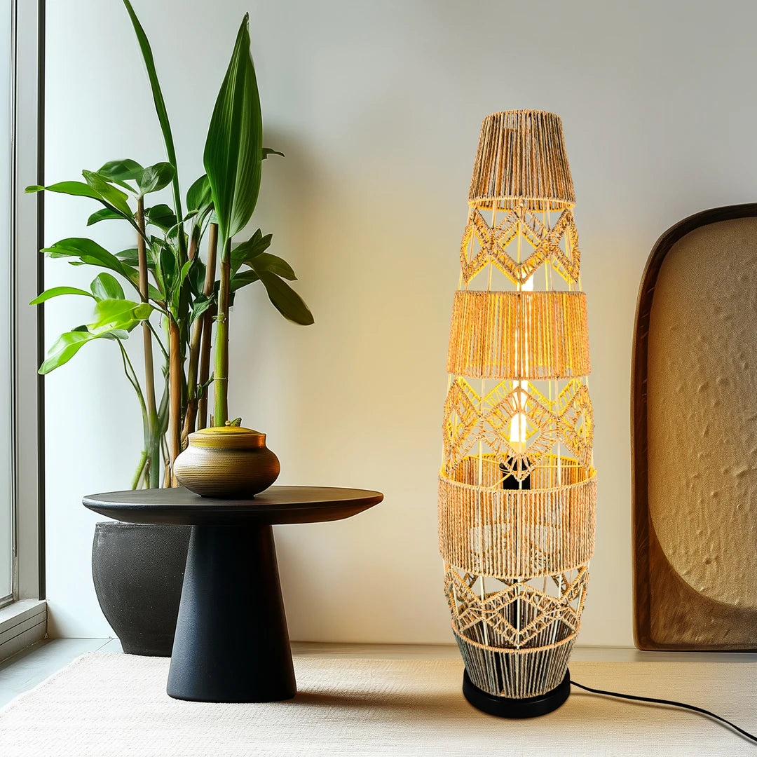 Vrygle Boho Rattan Floor Lamp With LED Light Corner Reading Lamp Living Room