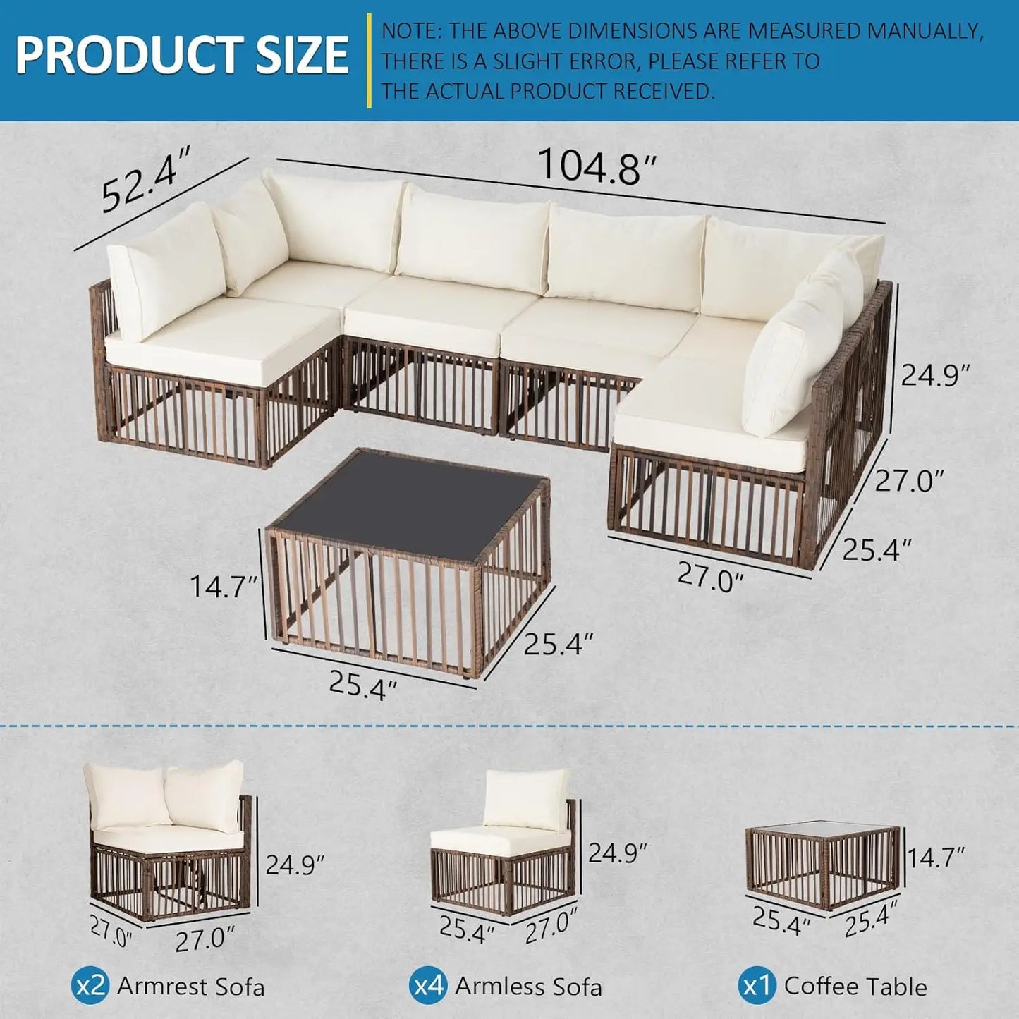 XMSJ 7 Piece Outdoor Patio Furniture Set Wicker Sectional Sofa