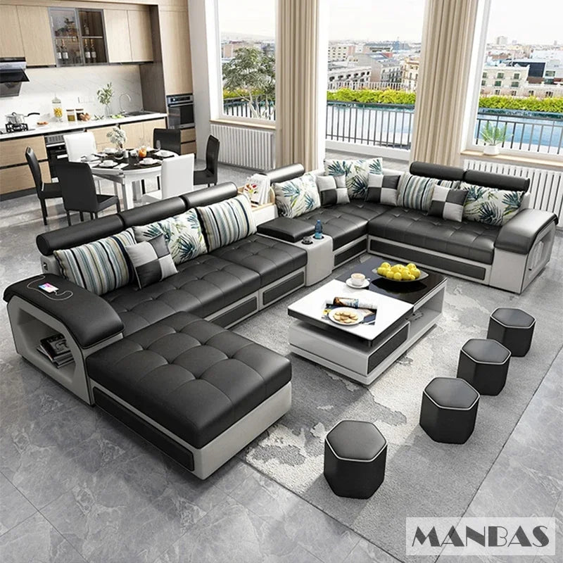 Linlamlim U Shaped Fabric Sofa Set With Usb And Stools