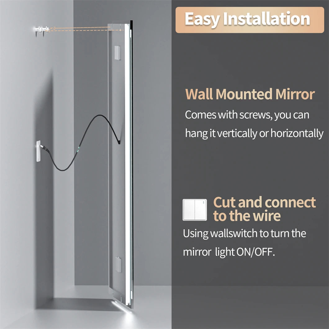BORWART Smart LED Vanity Mirror Wall Mounted Bluetooth Digital Display